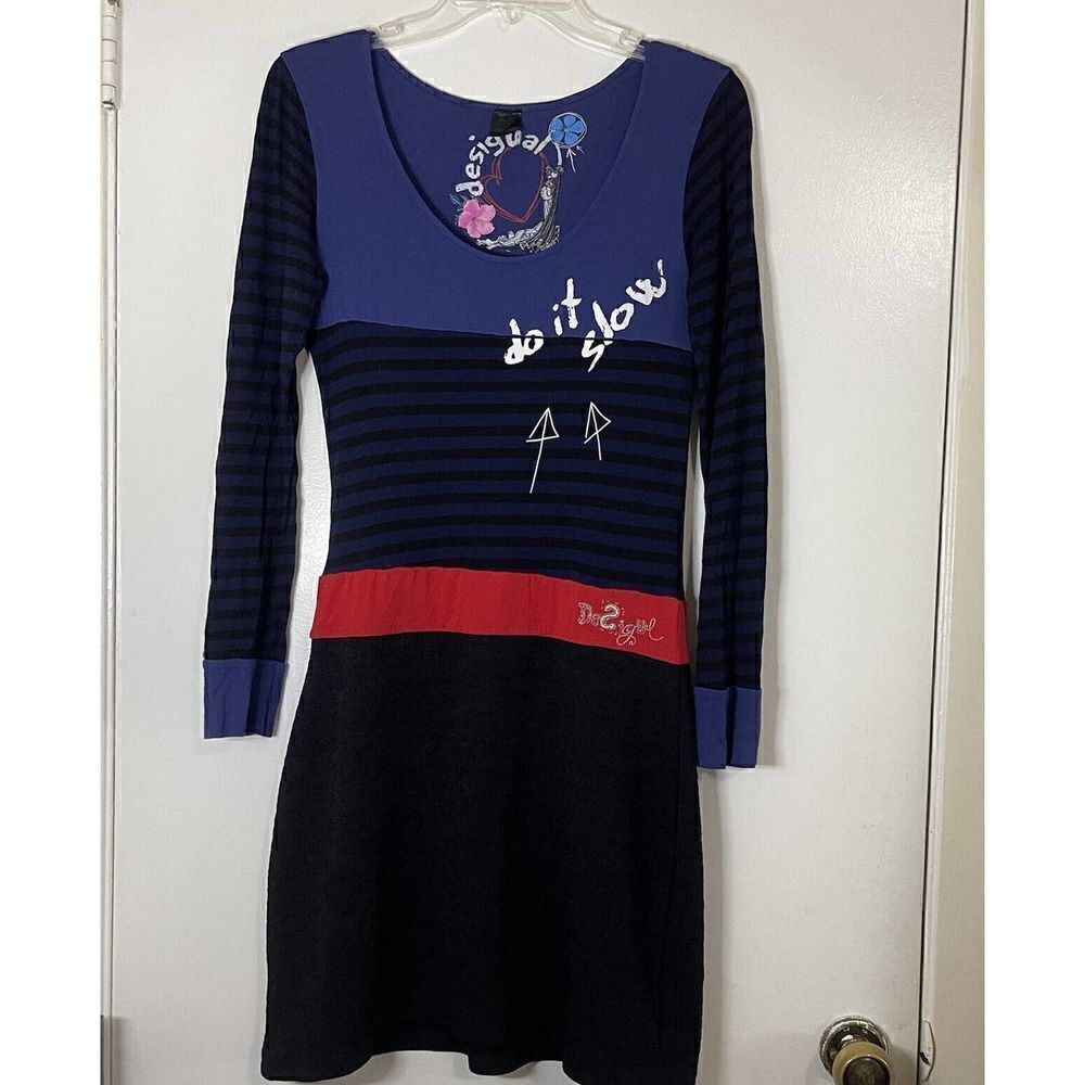 DESIGUAL blue black stripe long sleeve scoop neck dress size Small
